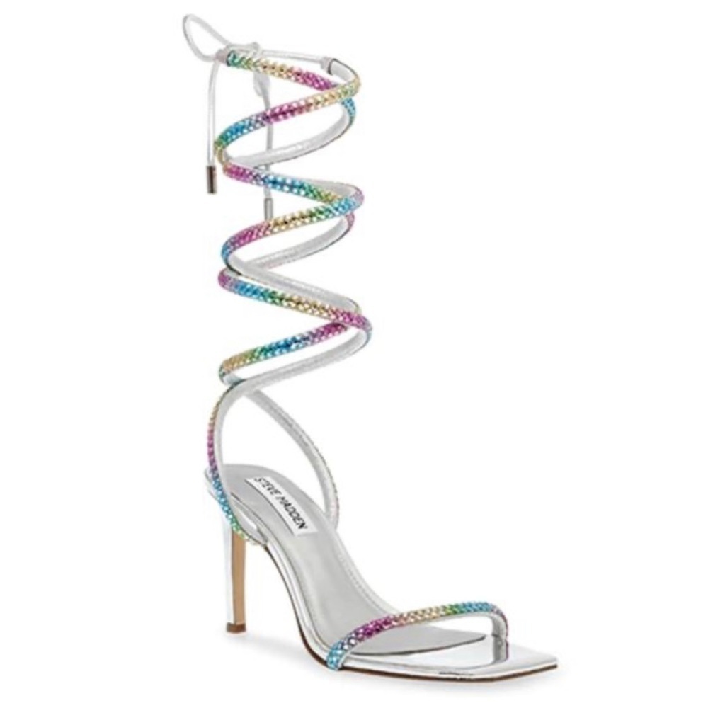 Steve Madden Enchanter enchanted silver pastel rainbow crystal wrap heels  6.5